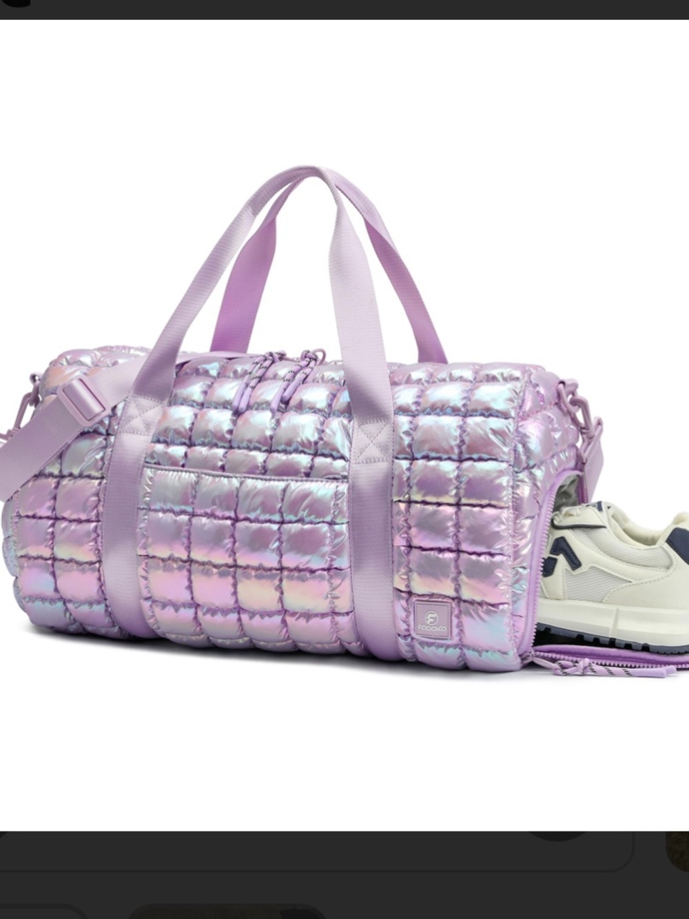 NWOT FODOKO iridescent Lilac puffer Duffel Bag with Shoe Compartment. - Picture 2 of 7